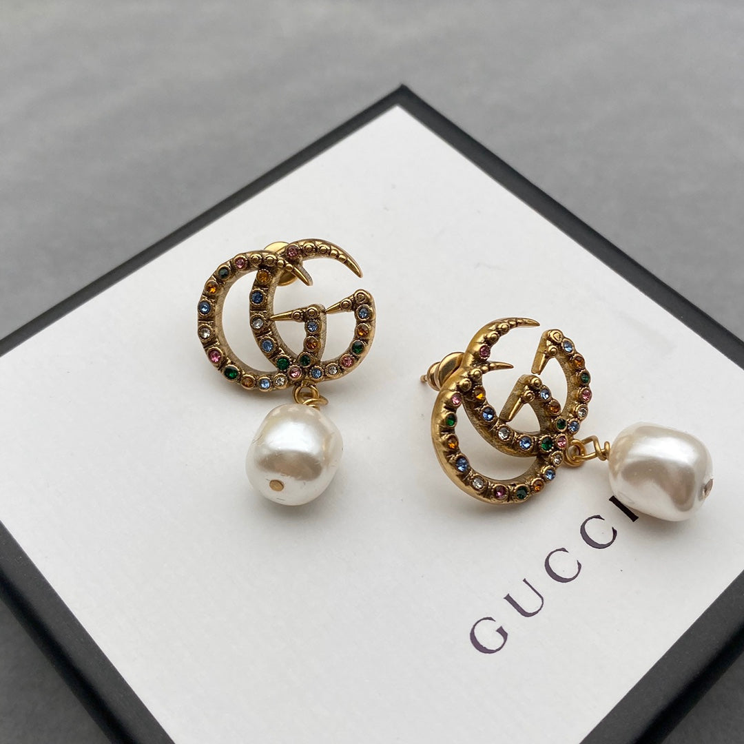 2025 Fashion Double Colored Diamond Pendant Pearl Earrings
