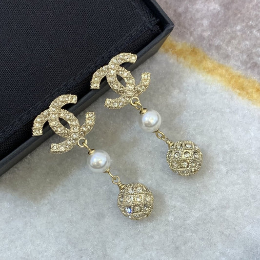2025 Luxury Rhinestone Pearl Ball Pendant Earrings