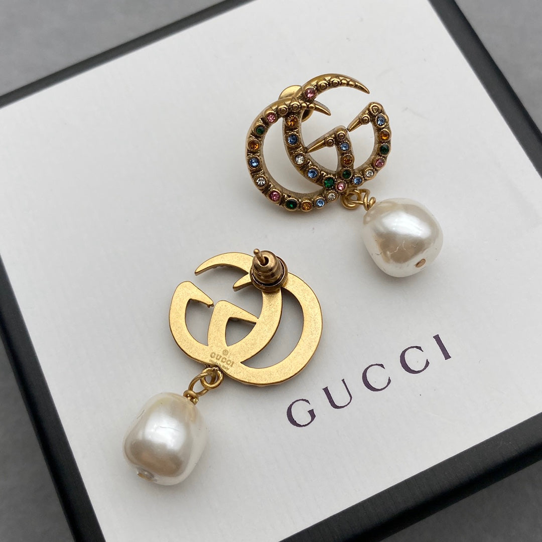 2025 Fashion Double Colored Diamond Pendant Pearl Earrings