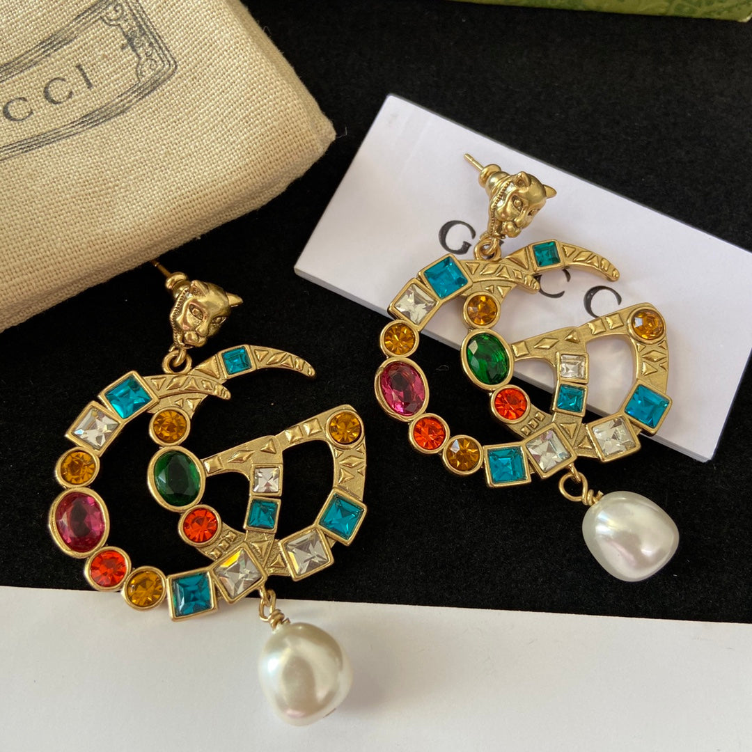 2025 Tiger Head Fancy Diamond Pearl Earrings