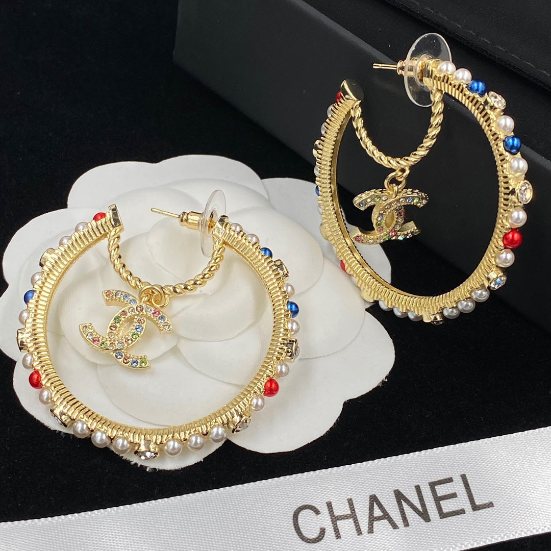 2025 Colored Pearls Large Hoop Earrings