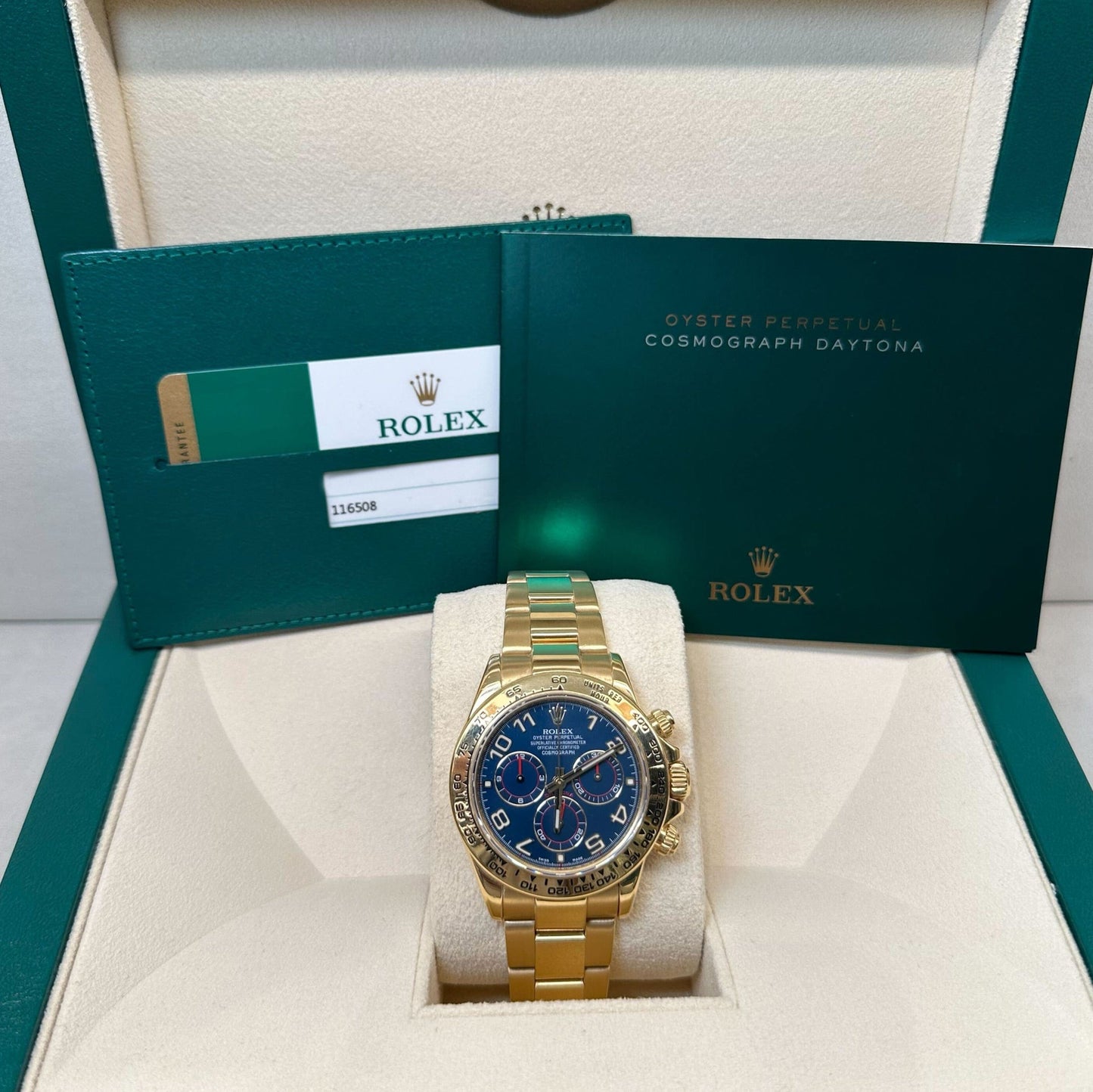 2025 Watch Daytona 116508 Yellow Gold Blue Racing Arabic Dial